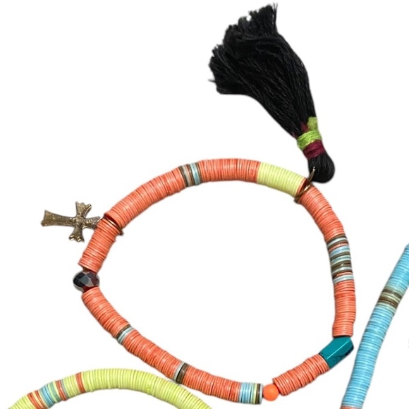 Trio of stretch pastel colored Bracelets with tassel & cross heart & star charms - Picture 2 of 4